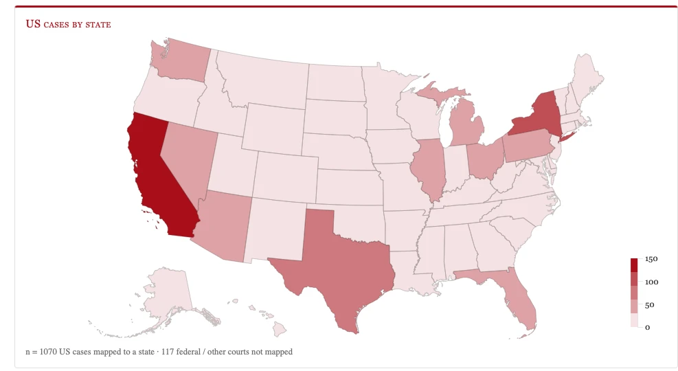 US AI-hallucination case map by state from Charlotin’s database.