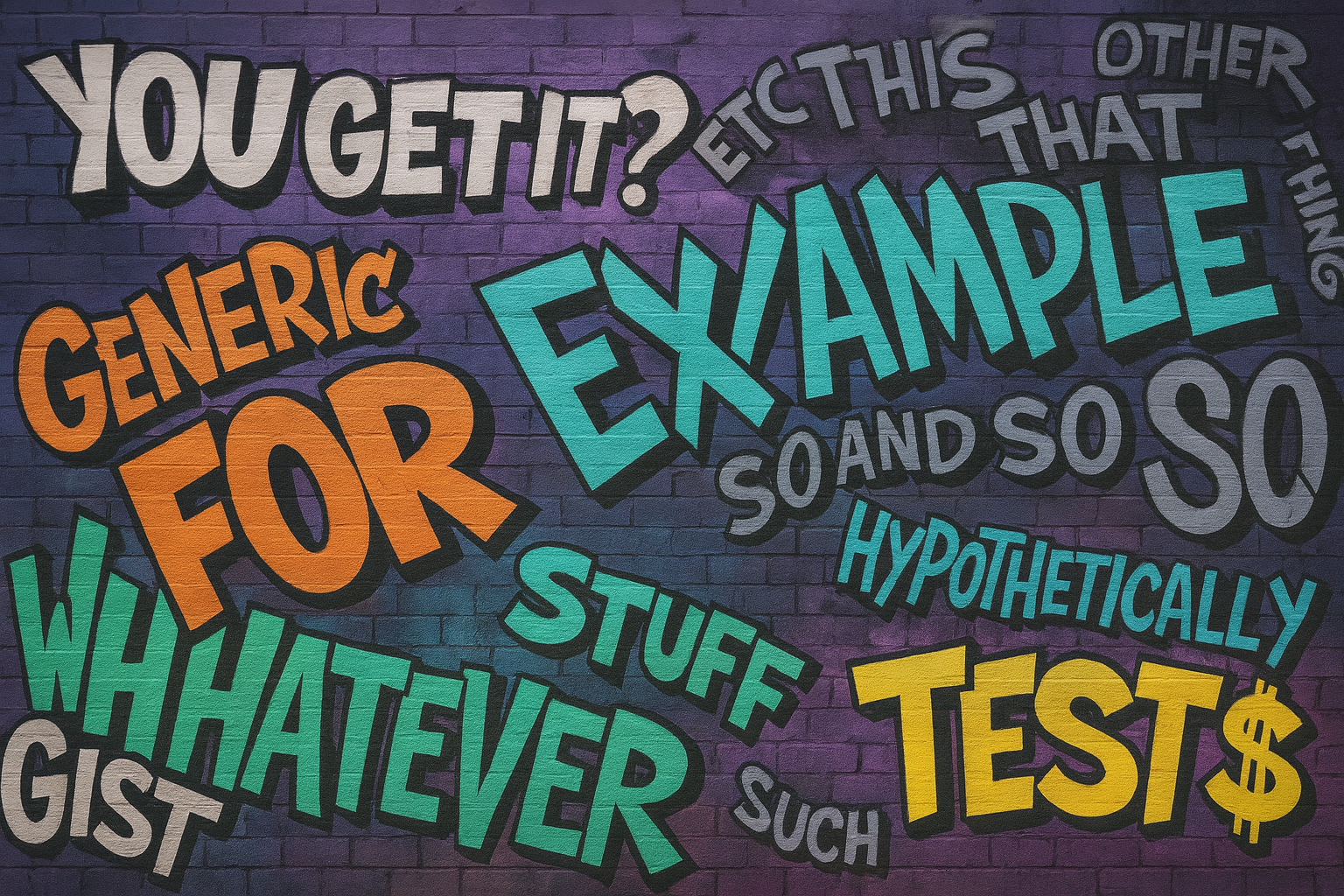 words painted in graffiti in different directions related to generic topic on a brick wall