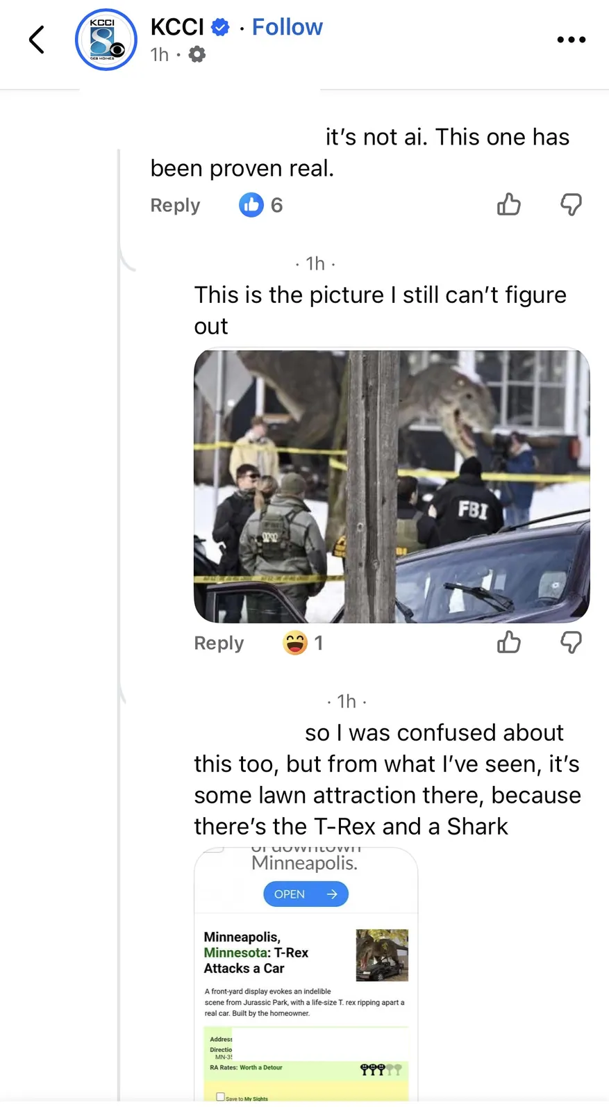 Facebook commenters debating whether a Minneapolis news photo was AI-generated — the "suspicious" element turned out to be a real Jurassic Park T-Rex statue on a car