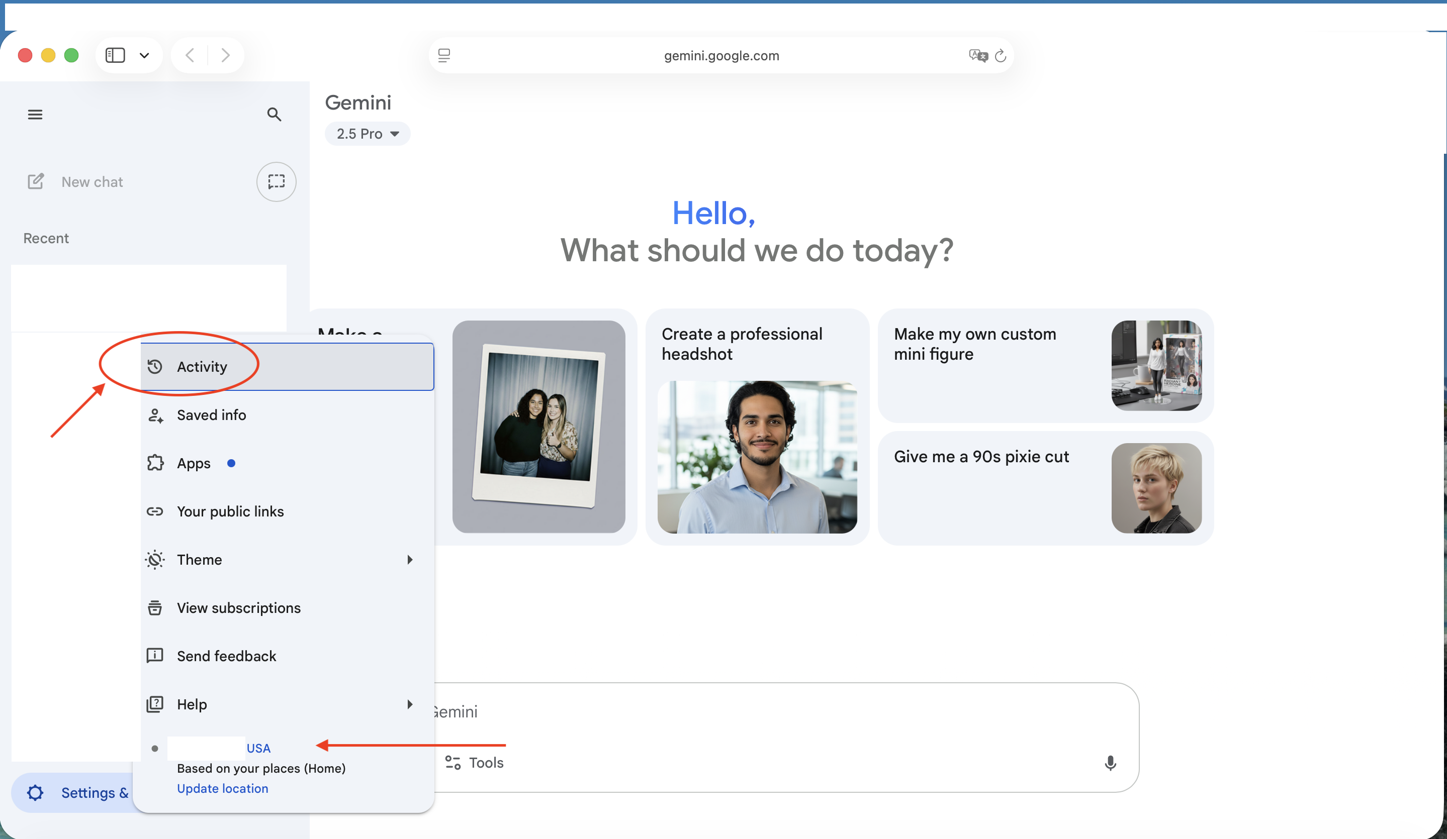Screenshot of desktop menu to access Gemini “Activity” menu