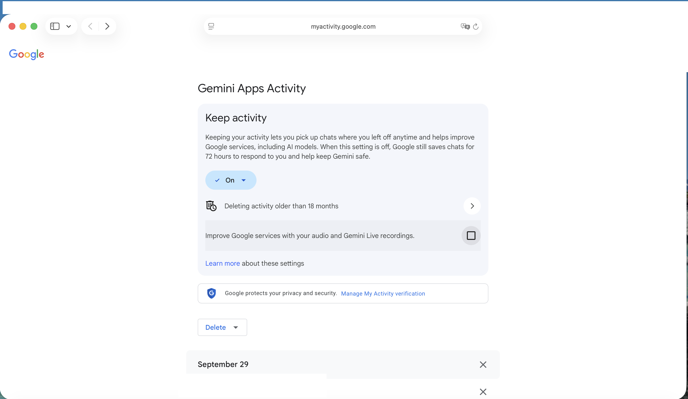 Screenshot of desktop menu to access “Gemini Apps Activity” menu for opting out of audio data training