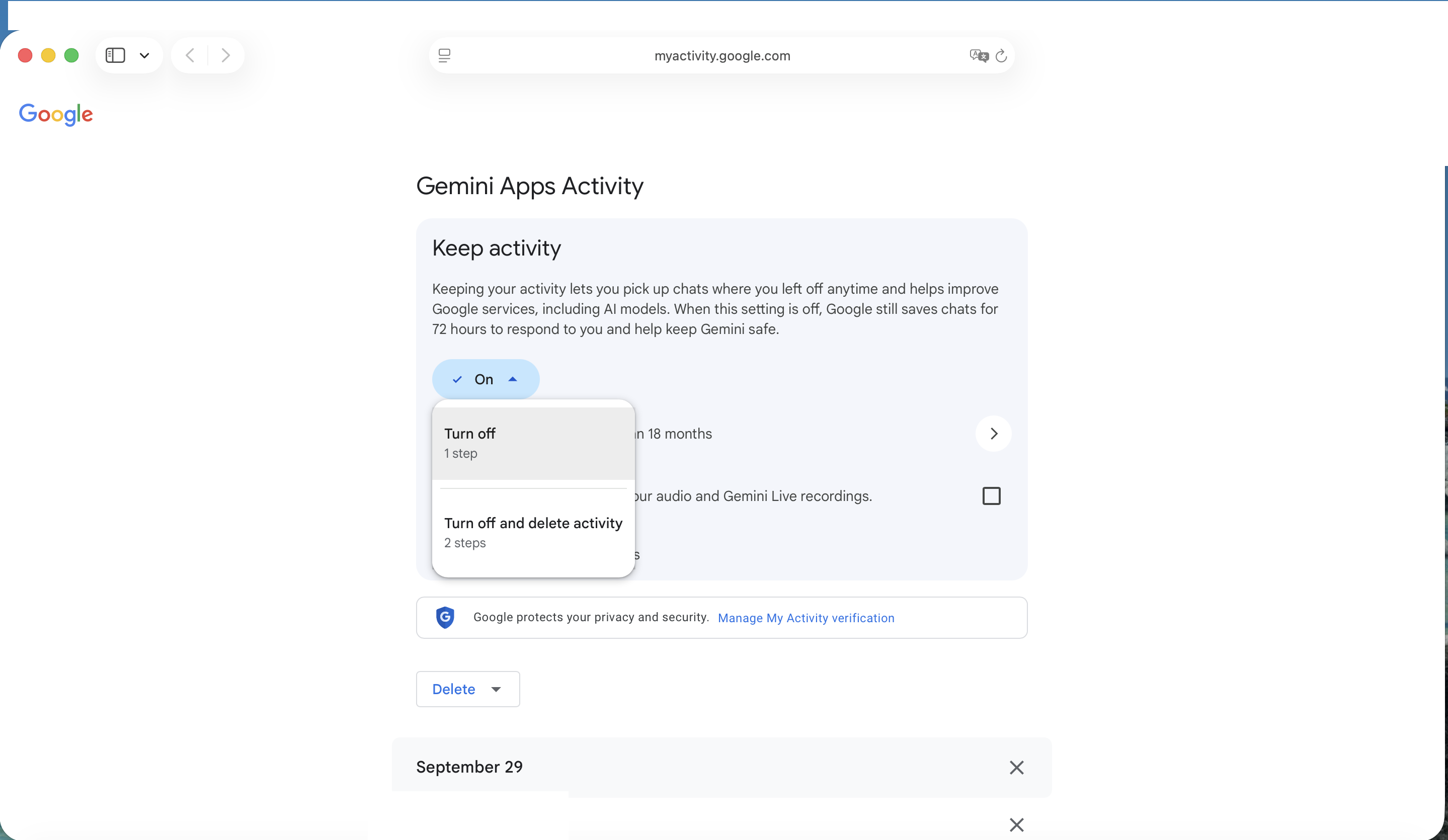 Screenshot of desktop menu to access “Gemini Apps Activity” menu for turning off “Keep activity” to opt out of text data training