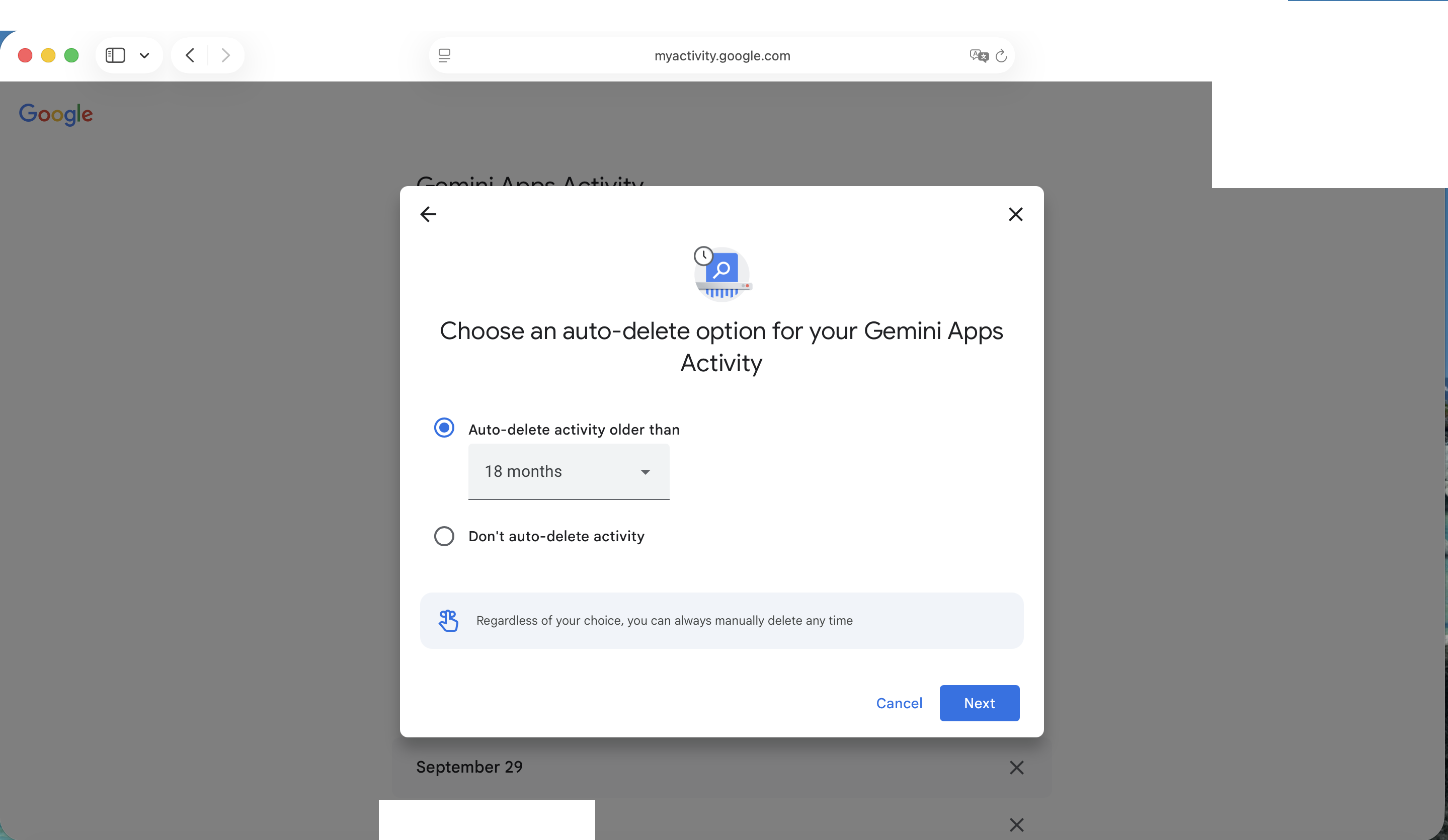 Screenshot of desktop menu to access “Gemini Apps Activity” menu for adjusting auto-delete period if “Keep Activity” is left on