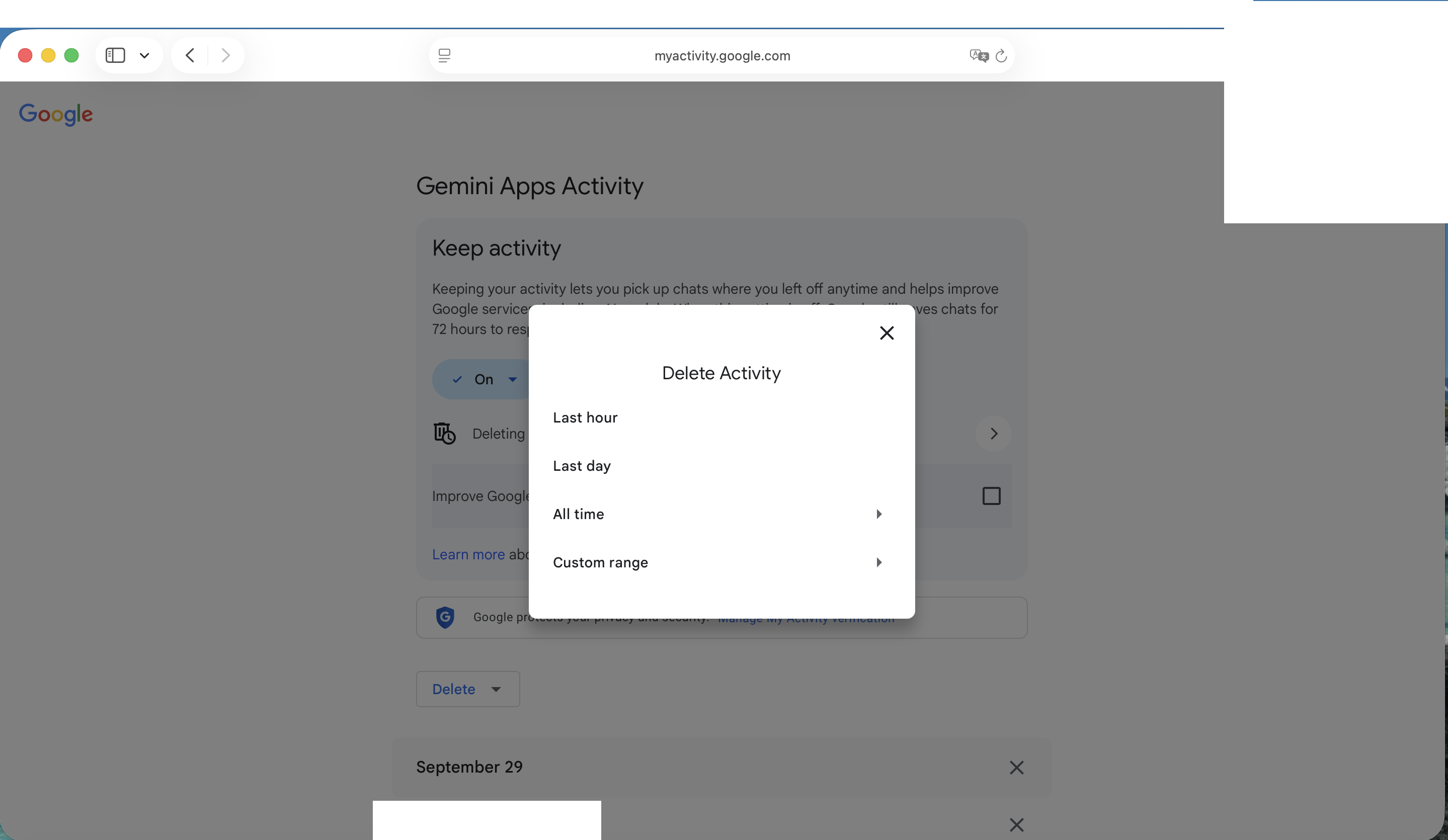 Screenshot of desktop menu to access “Gemini Apps Activity” menu for deleting a specific period of recent activity if “Keep Activity” is left on