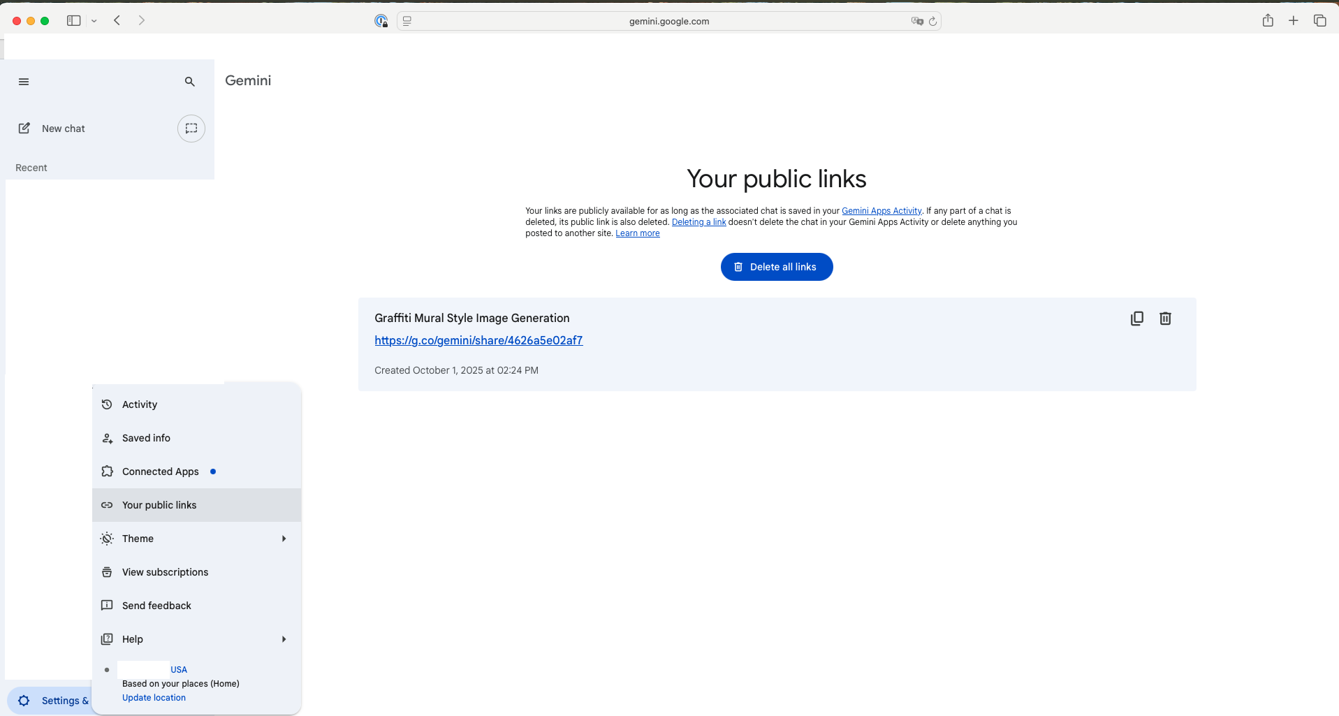 Screenshot of Google Gemini “Your public links.”