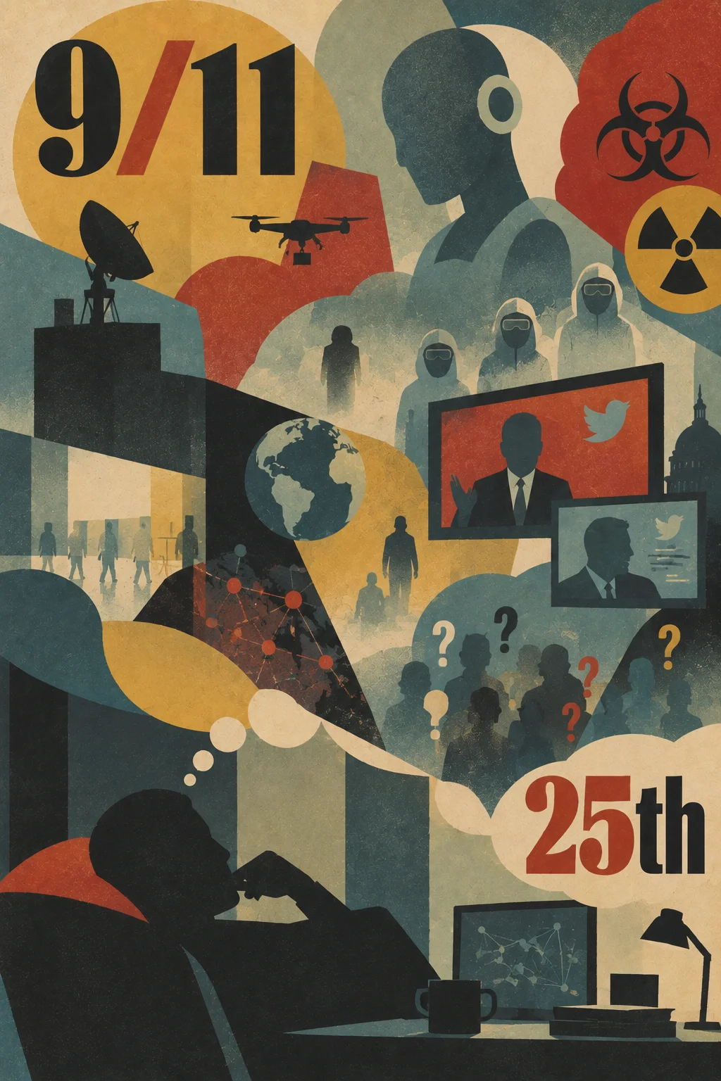 Poster-style collage: a person in an armchair imagines a thought bubble of 9/11, drones, biohazard and radiation symbols, hazmat suits, a globe, network graphs, TV talking heads with Twitter logos, crowds of question marks, and “25th”