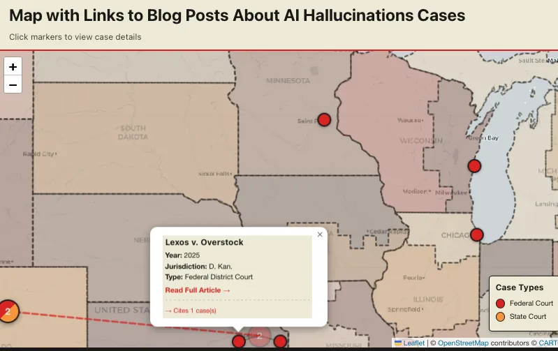 Screenshot of map centered on central U.S., including Colorado, Kansas, and Wisconsin cases.