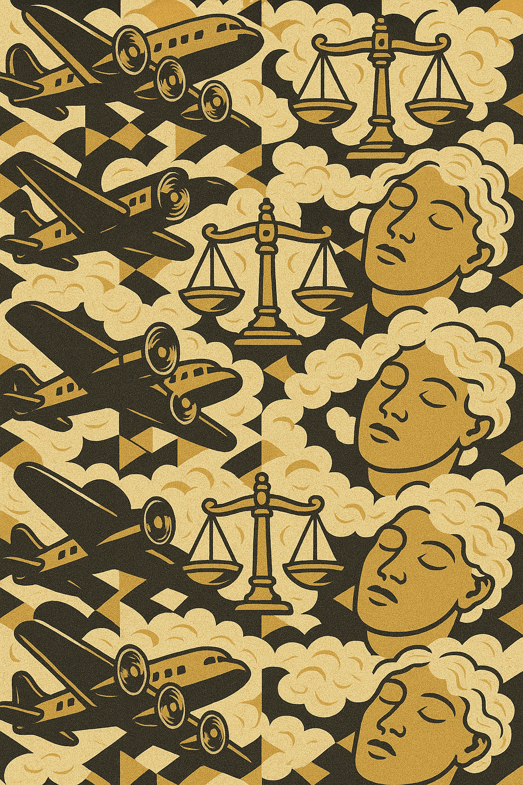 A surrealist pattern of repeated dreamers hallucinating about the law and airplanes.