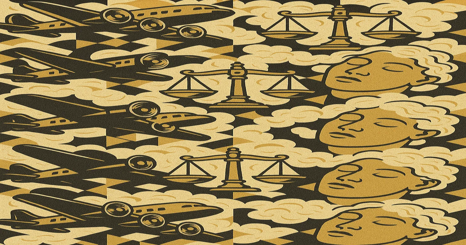 A surrealist pattern of repeated dreamers hallucinating about the law and airplanes.